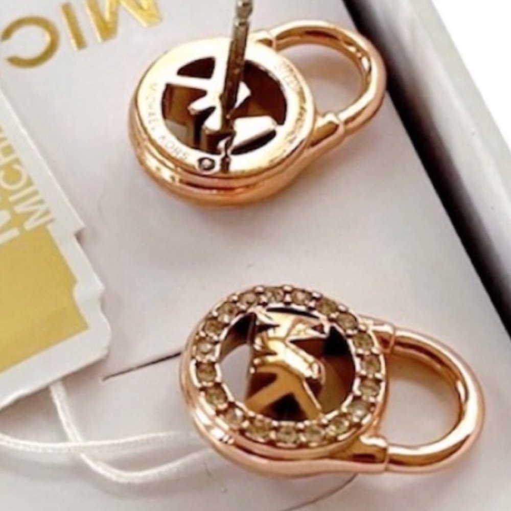 NWT MICHAEL KORS Logo Gold-Tone Pave Lock Earrings - Picture 4 of 6